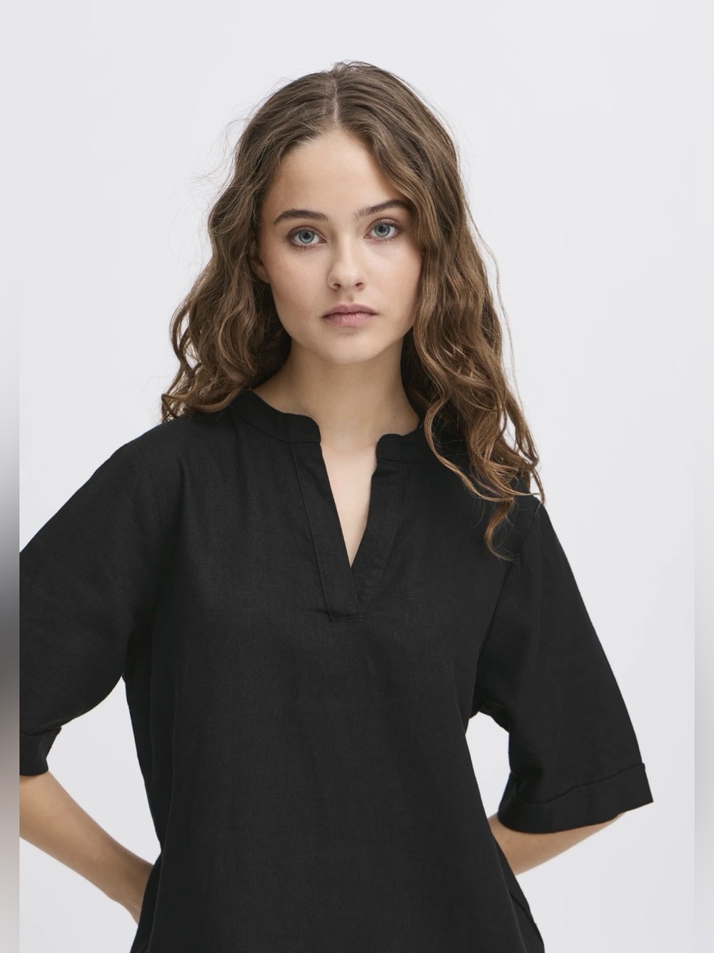 ICHI IHLINO Linen Day Dress Minimal Black Split-Neck Shift Dress Euro Summer - Picture 2 of 15